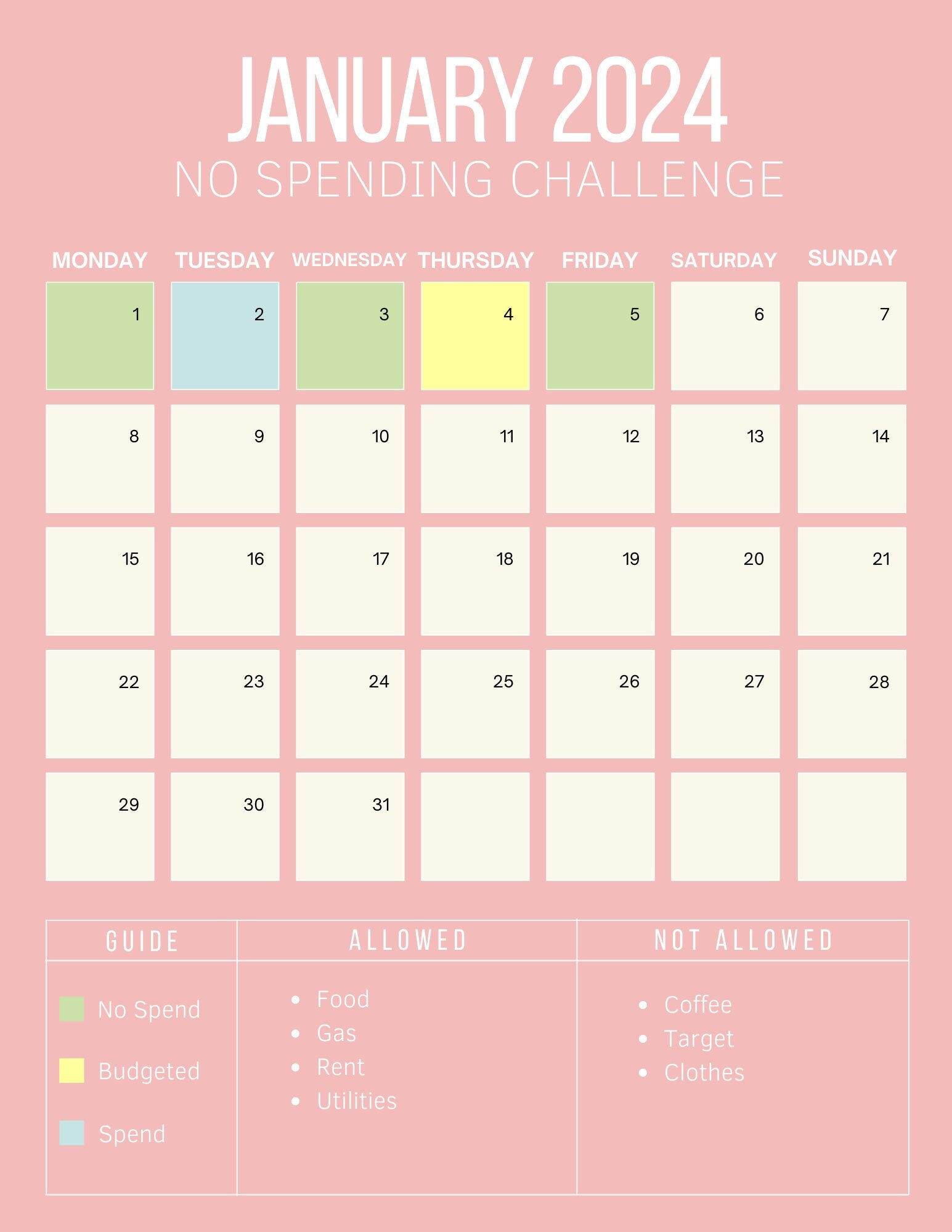 January 2024 No Spending Challenge Calendar: Save More Spend - Etsy