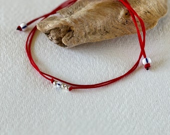 Red String Bracelet, Sterling Silver Beads, Czech Glass, Adjustable Cord
