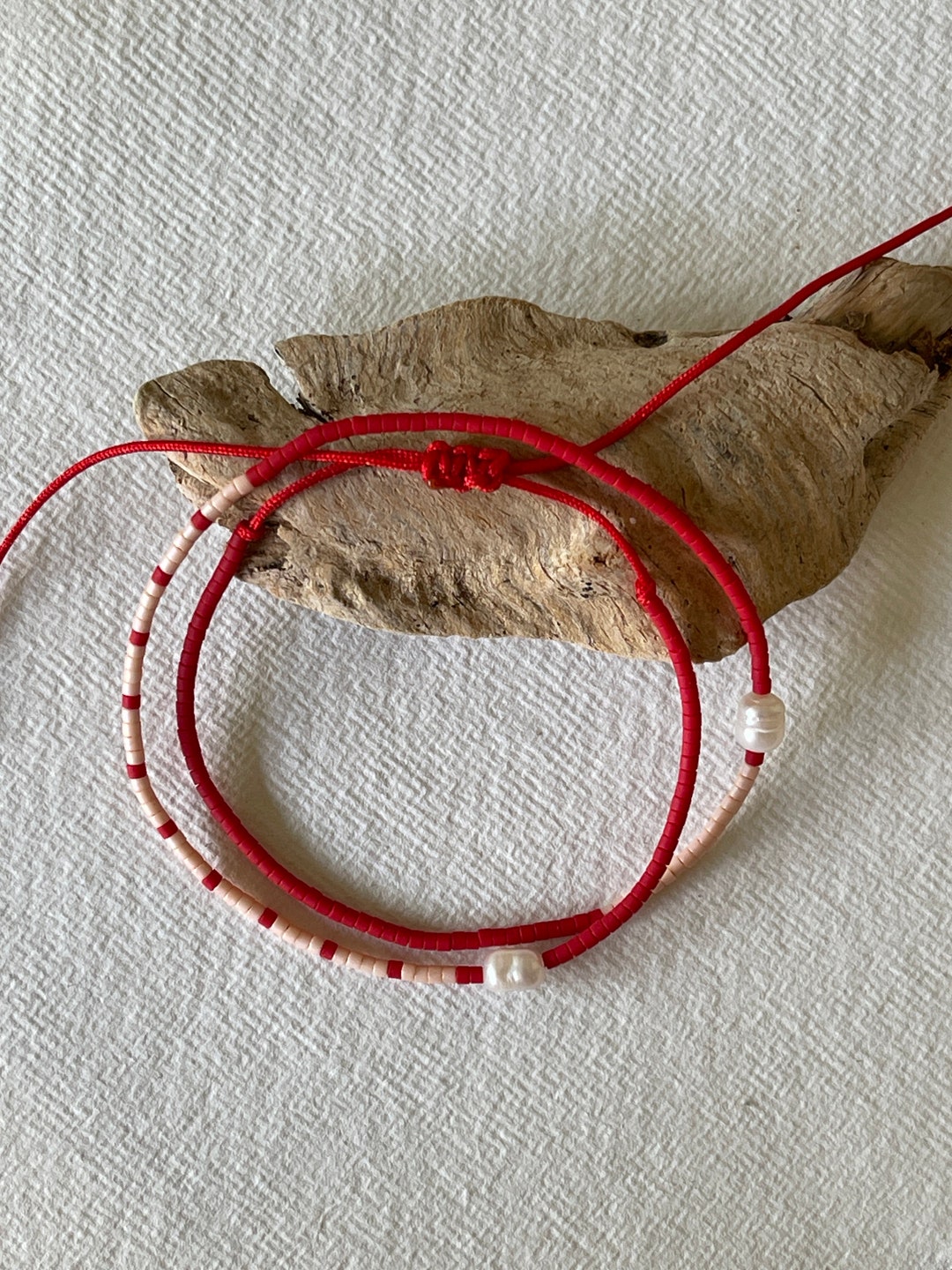 Beaded Red Cord Wrap Bracelet With Miyuki Delica Beads, Light Salmon