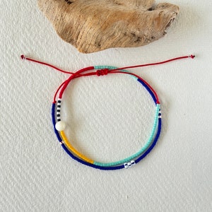 Double Wrap Tiny Beaded Bracelet on Adjustable Red String, Colorful Handcrafted Jewelry with Czech Beads and MOP, Unique Gift Idea for Her