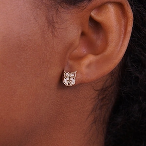14k Solid Gold - Owl Stud Earrings with Cubic Zirconia - Bird Earrings - Gift for Women, Wife, Girl, Girlfriend