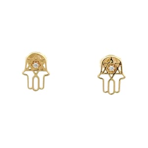 14k Solid Gold - Star of David Studs Earrings - Hamsa Hand with CZ, Gift for Her, Protective Amulet, Hand of Fatima, Miriam, Yellow Gold