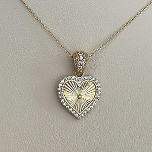 Colgante de corazón de oro macizo de 14 k con dije abultado, collar de circonita cúbica, colgante de amor, joyería romántica, regalo para ella, mujeres, grandes y pequeñas.
