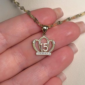 14k Solid Gold Quinceañera Crown Pendant, 15th Birthday Gift, Yellow & Rose Gold, Cubic Zirconia Charm, Necklace Gift for Her, Daughter