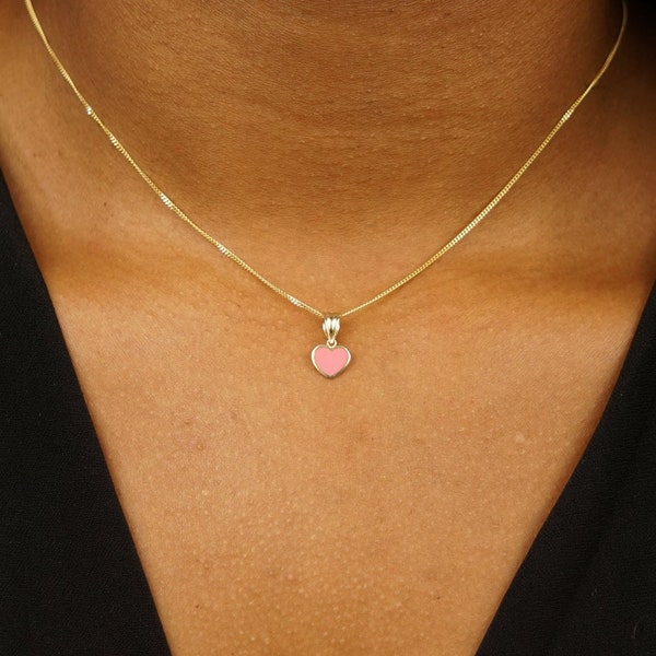 14k Solid Gold - Tiny Cute Pink Heart Pendant - Love Pendant
