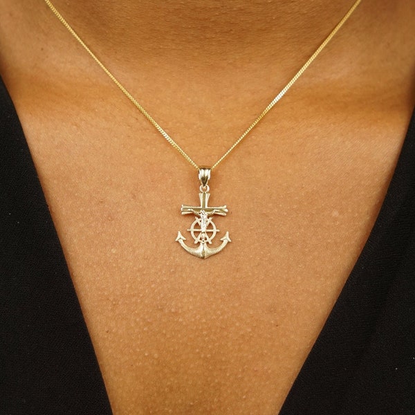 14k Solid Gold - Anchor Cross Pendant, Crucifix Scene - Mariners Cross Pendant