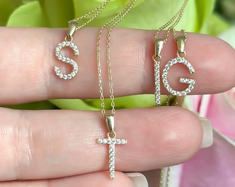 14k massief gouden eerste ketting: letterhanger zirkonia, verstelbare kabelschakel, gepersonaliseerd eerste cadeau, letterbedel, cadeau voor haar