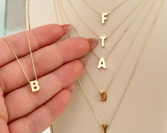 14k massief gouden ketting met initiële hanger, verstelbare kabelketting 17-18" initiële charme, gepersonaliseerd cadeau alfabet gouden letter ketting gestempeld
