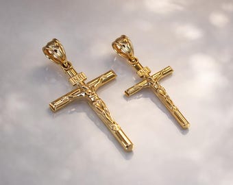 Collar con colgante de cruz de oro macizo de 14 k: joyería religiosa, regalo de bautismo, cruz de Jesús, símbolo de fe cristiana para él y para ella.