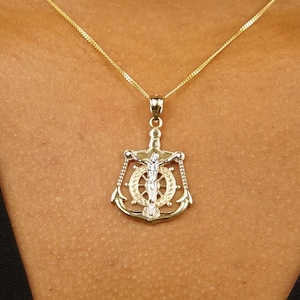 14k Solid Gold Anchor Cross Pendant: Mariner&#39;s Religious Necklace