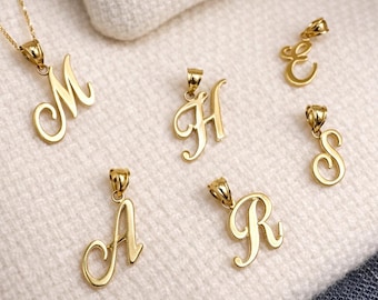 14k of 10k massief gouden cursieve initiaal bedel, cursieve initiaal hanger, gepersonaliseerd cadeau alfabet cursieve gouden letter ketting 585 gestempeld