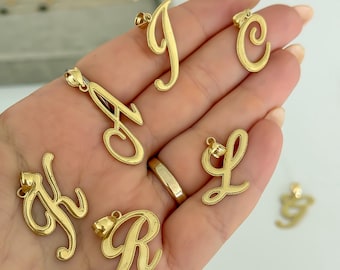 10k massief gouden grote cursieve initiaalketting, grote cursieve initiaalhanger, gepersonaliseerd cadeau-alfabet, cursieve gouden letterketting gestempeld