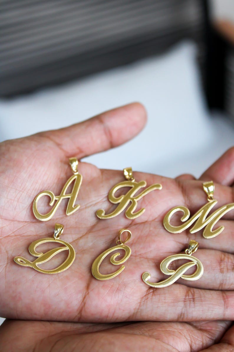 10k Solid Gold Big Cursive Initial Necklace, Large Cursive Initial ...
