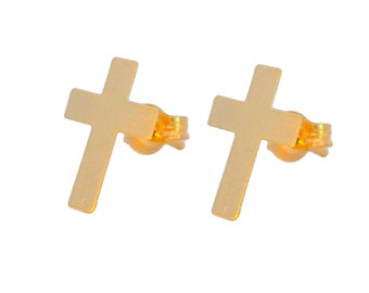 Aretes de cruz de oro macizo de 14 k: oro amarillo pulido - Aretes de cruz lisos - Cierre a presión - Regalo para ella y para él - Sello de 14 k/585