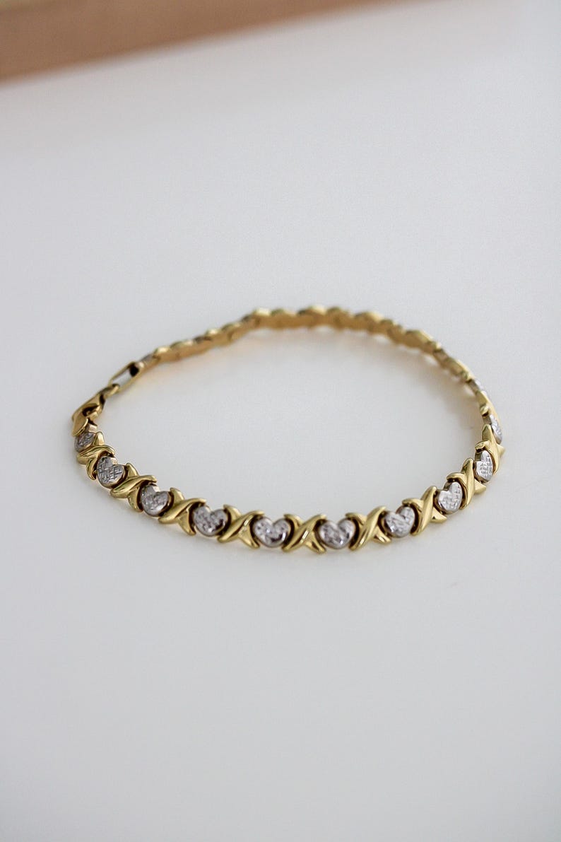 Pulsera de oro macizo de 10 k con piedra de corazón XO, circonita cúbica, oro blanco y amarillo, regalo elegante para mujer, San Valentín. imagen 5