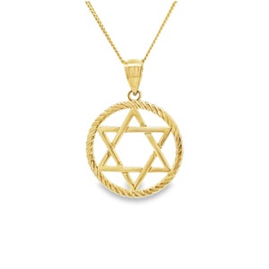 14k Solid Gold - High-Polished Star Of David Pendant In A Rope Design Circle