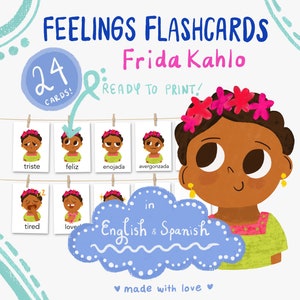 Cartes-éclair bilingues sur les sentiments de Frida Kahlo, documents à imprimer pour l'école à la maison, cartes sur les émotions des enfants, espagnol, Frida Kahlo Kid
