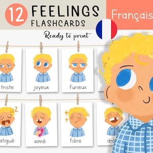 Flashcards de sentimentos em francês, materiais educacionais, imprimíveis para educação domiciliar, cartões de emoções infantis, cartões de vocabulário francês para crianças