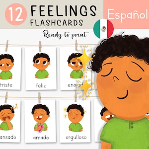 Flashcards de sentimentos em espanhol, materiais educacionais, imprimíveis para educação domiciliar, cartões de emoções infantis, cartas de sentimentos em espanhol