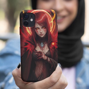 Female Human Dark Mage, Tough Phone Case, Crimson, Dark Fantasy, Wireless charging compatible.