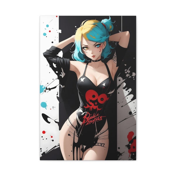 Pin Up Rebel Anime Girl, Canvas, Ink Dropped in water, splatter drippings, paper texture, pulp Manga, illustration, highly detailed.