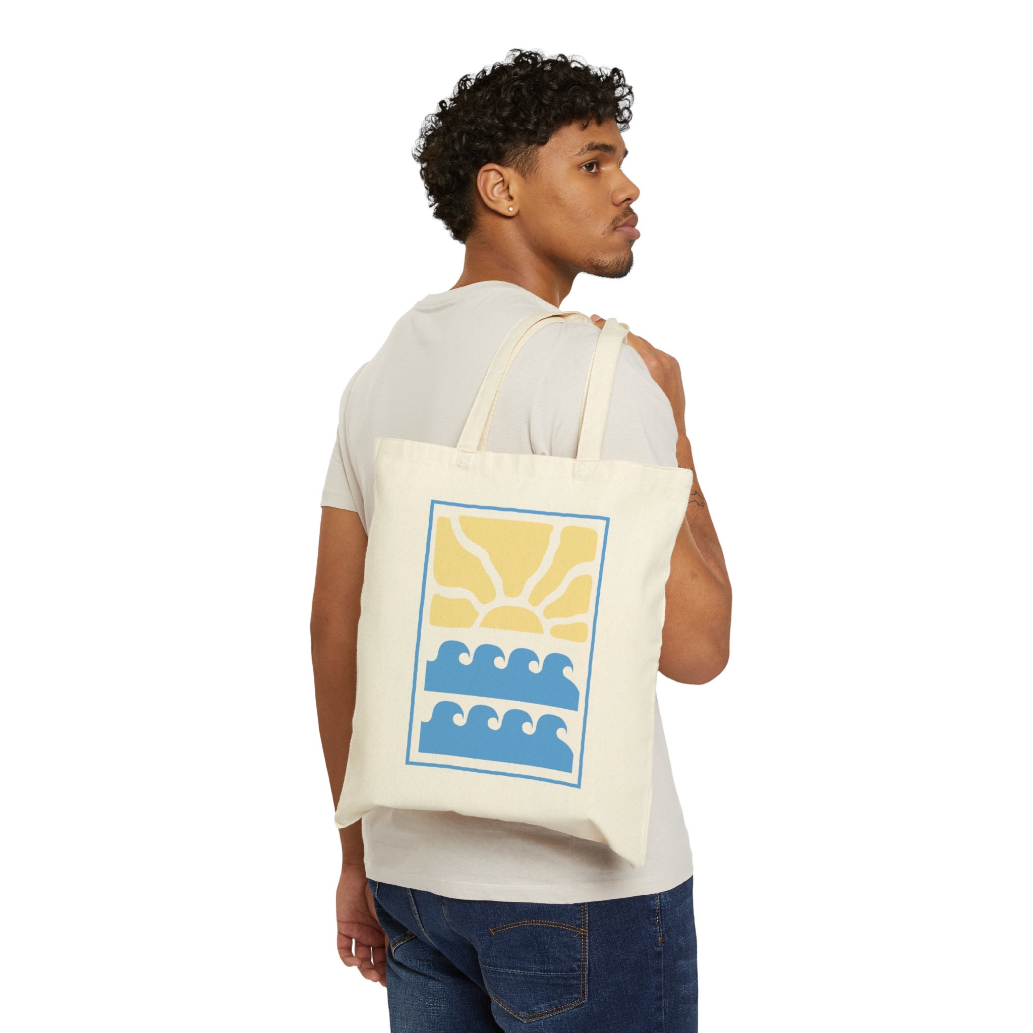 Boho Tote Bag For Women - Abstract Sun & Wave Design Canvas Shopping Bag (White) - View #2