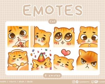May include: A set of eight orange cat emoticons with different expressions, including drinking boba tea, sleeping, wearing a party hat, and looking angry. The emoticons are on a white background with the word "EMOTES" at the top and "Cat" in the middle.