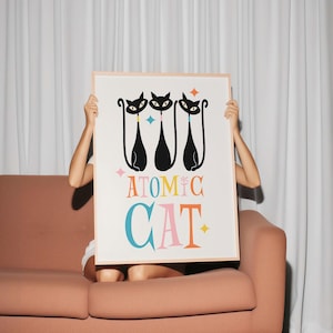 Atomic Cat Trio Wall Art – Retro Mid-Century Digital Print with Typography, Vintage Modern Home Decor, Printable Cat Artwork