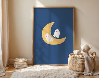 Lámina artística para habitación infantil con fantasma y luna de Halloween – Decoración minimalista y espeluznante (Descarga digital)