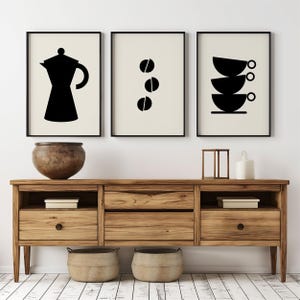 Bauhaus Coffee Art Print Set - Minimalist Kitchen Decor - Featuring a moka pot, espresso cups & coffee beans - Black and White Poster Set
