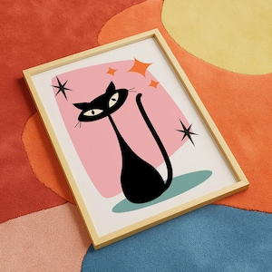 Atomic Cat Mid Century Wall Art – Retro Black Cat Printable Poster, MCM Digital Download, Pink Orange Starburst Decor