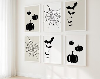 Halloween Poster: Schwarzer Kürbis, Spinnennetz, Fledermäuse (Digital Download Set)