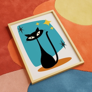 Blue Atomic Cat Print – Mid-Century Modern Digital Wall Art, Retro Space Age Cat Poster for Home Decor