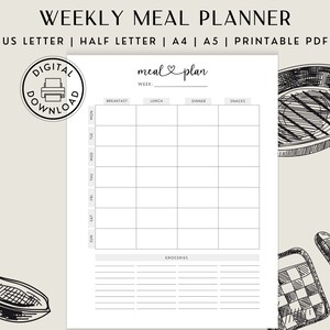 Weekly Meal Planner Printable: Minimalist Food Plan Template (Digital Download)