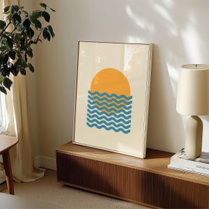 Bauhaus Sun & Waves Wall Art – Retro Ocean Print, Minimalist Summer Poster for Beach House or Modern Decor