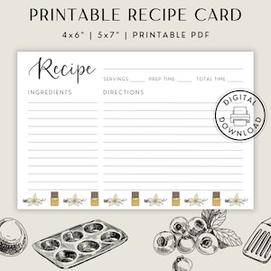 Printable Recipe Card Template in Two Sizes: 6x4 and 7x5