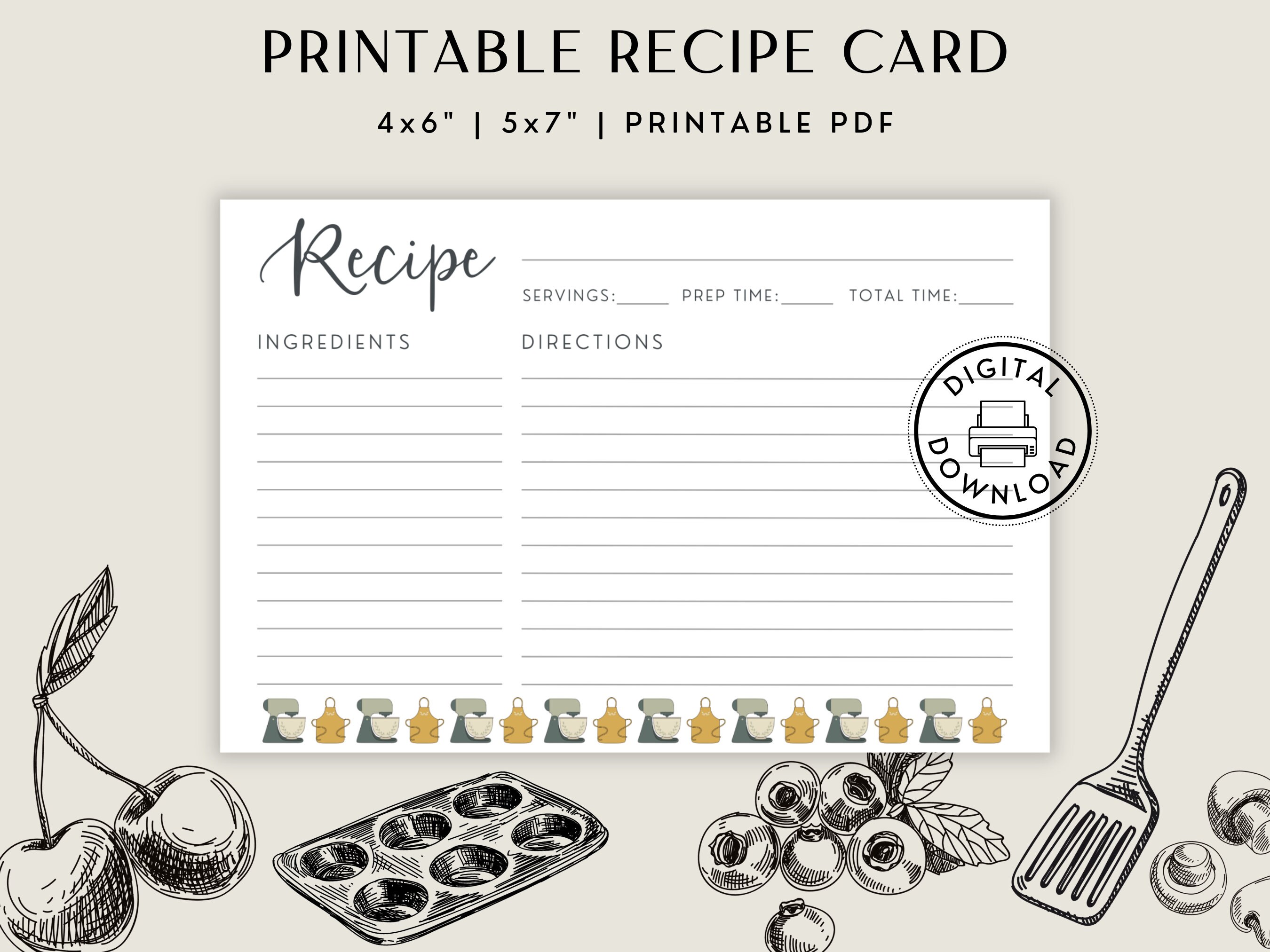 Recipe Card Template Printable Recipe Card for Recipe Boxes and