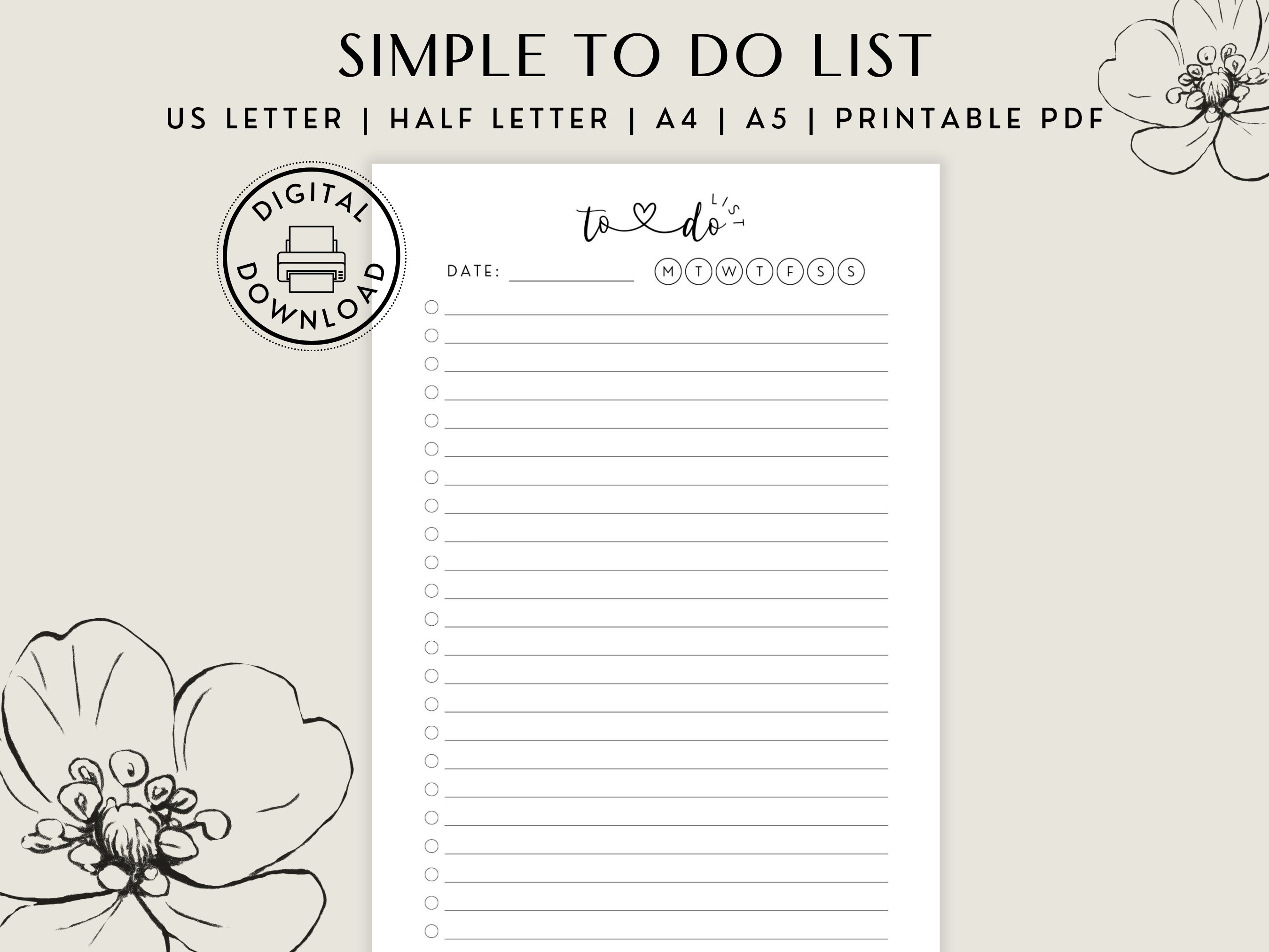 Simple to Do List: Printable PDF in US Letter, A4, A5 (digital Download ...