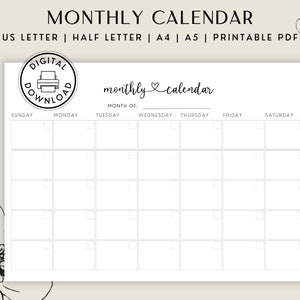 Blank Calendar | Undated Monthly Calendar Printable | Monthly Schedule | Calendar Template | Minimalist Calendar | Monthly Todo List