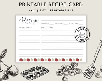 Printable Recipe Card Template | Two Recipe Cards 6x4 and 7x5 | Instant Download