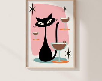 Impresión de gato atómico / Póster moderno de mediados de siglo / Regalo para amantes de los gatos (Impreso y enviado)