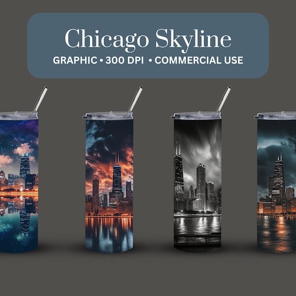 City Skyline Sublimation Chicago Skyline Graphic Design Chicago Skyline 20 oz Tumbler Design City Wall Art Instant Download City Prints