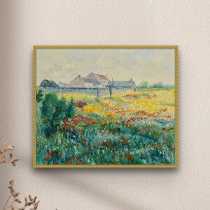 Vintage Spring Countryside Fine Art Print | Poppies Country Field View | Springtime Meadow Painting | Rustic Rural Landscape Decor