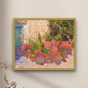Vintage Cottage Garden Art Print | Rustic Country House Flower Bed Painting | Floral Cottagecore Wall Decor | Rural Village House Door View