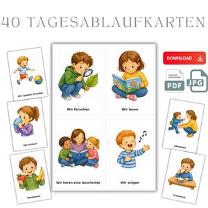 40 bildkort med dagliga rutiner för dagis, förskola och förskola – A5/A6 PDF för morgoncirkel och dagsplan