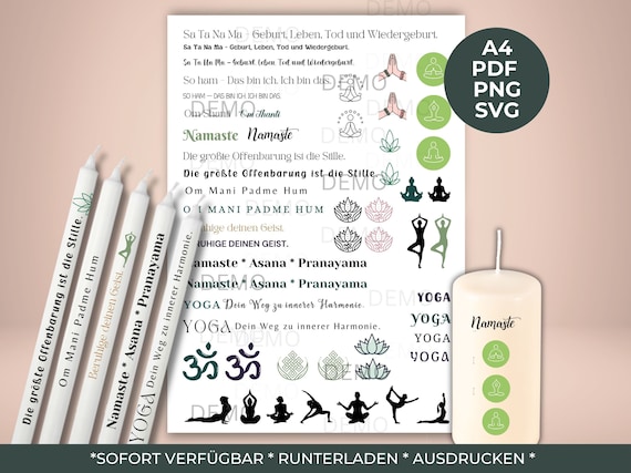 Kerzentattoo Yoga - für Kerzen / Keramik PDF DIN A4 Vorlage Kerzentattoo Kerzensticker Kerzen Wasserschiebefolie Download  Tattoofolie 3