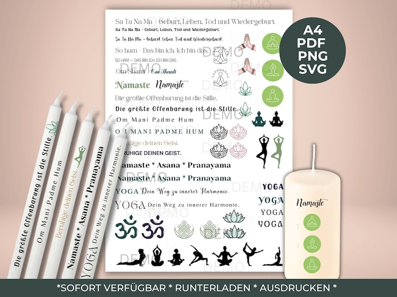 Kerzentattoo Yoga - für Kerzen / Keramik PDF DIN A4 Vorlage Kerzentattoo Kerzensticker Kerzen Wasserschiebefolie Download  Tattoofolie 1