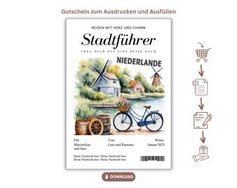 Personalized Netherlands travel voucher | City break gift to print | Short break voucher | Digital PDF download