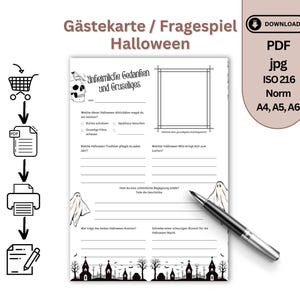Gastenkaart Halloween quiz om in te vullen en te ontwerpen PDF Halloween-feestspel voor kinderen volwassenen familie vrienden DIY-boekje idee