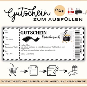 Gutschein Kino Geschenkgutschein Vorlage ausfüllen Personalisierter Gutschein zum ausdrucken Kinogutschein  Kino Einladung personalisiert